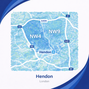 A square, blue-themed postcode map of Hendon in London, styled with curved branded borders. The map highlights postcode areas NW4 and NW9. Major roads such as the A1, A41, A5, A406, and M1 are labelled. Hendon town centre and station are marked near the middle. The design uses layered blue tones with white text and clean boundary lines for clarity.