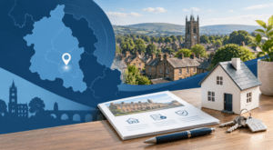 Mortgage Broker in Heywood with Lancashire location map, house model, keys and mortgage paperwork