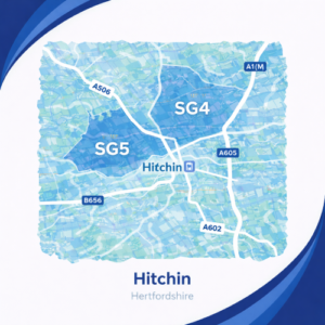 A square, blue-themed postcode map of Hitchin in Hertfordshire, styled with curved branded borders. The map highlights postcode areas SG4 and SG5. Major roads such as the A1(M), A505, A602, A605, and B656 are labelled. Hitchin town centre and station are marked near the middle. The design uses layered blue tones with white text and clean boundary lines for clarity.