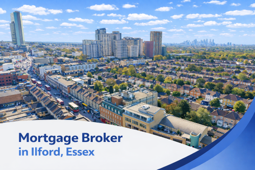 A bright summer aerial view of Ilford town centre showing a busy high street, surrounding residential neighbourhoods and modern apartment buildings with the London skyline in the distance under a blue sky with scattered clouds. A curved white and blue banner at the bottom displays the text “Mortgage Broker in Ilford, Essex”.