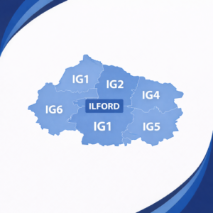 map in blue tones showing Ilford in Essex with postcode districts IG1, IG2, IG4, IG5 and IG6. Each postcode area is outlined with white internal borders and darker blue outer edges, labelled in white text. The word “Ilford” appears prominently across the centre of the map. The background features curved layered blue branding elements in the corners, with no surrounding towns or additional geographic detail shown.