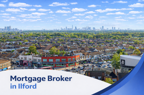 A bright summer aerial view of Ilford town centre showing a busy junction with shops, residential streets and a red double decker bus, with the London skyline visible in the distance under a blue sky with scattered clouds. A curved white and blue banner at the bottom displays the text “Mortgage Broker in Ilford”.