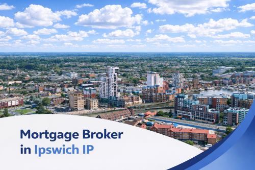 Mortgage broker in Ipswich IP promotional banner showing a bright summer aerial view of the town with riverside buildings, residential areas, and realistic clouds in a blue sky, with a curved blue and white graphic overlay at the bottom.