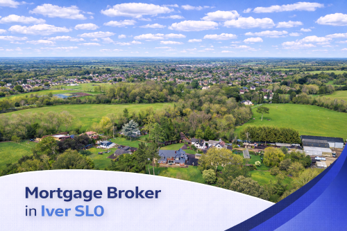Bright aerial view of Iver SL0 on a sunny summer’s day, featuring detached homes, open green fields, and tree-lined surroundings under a blue sky with natural, realistic clouds, with a clean curved banner at the bottom displaying the text “Mortgage Broker in Iver SL0”.