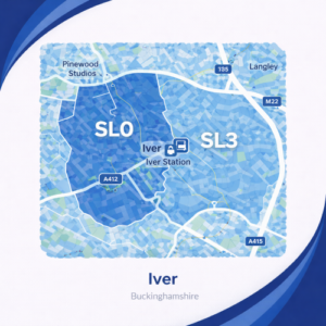 A square, blue-themed postcode map of Iver in Buckinghamshire, styled with curved branded borders. The map highlights postcode areas SL0 and SL3. Major roads such as the A412, A415, and M25 are labelled. Iver town centre and Iver Station are marked near the middle, with Pinewood Studios shown to the northwest and Langley to the northeast. The design uses layered blue tones with white text and clean boundary lines for clarity.
