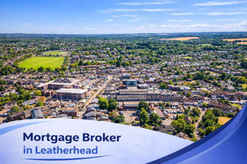 Bright summer aerial view of Leatherhead showing the town centre, residential streets and surrounding green countryside under a clear blue sky, with a white and blue curved banner at the bottom displaying the text “Mortgage Broker in Leatherhead”.