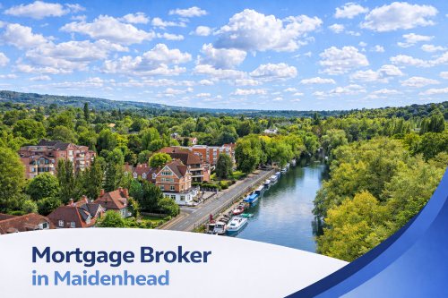 A bright summer aerial view of Maidenhead showing the River Thames with boats moored along the riverbank, tree-lined streets and red brick homes surrounded by lush green countryside under a blue sky with natural scattered clouds. A curved white and blue banner at the bottom displays the text “Mortgage Broker in Maidenhead”.