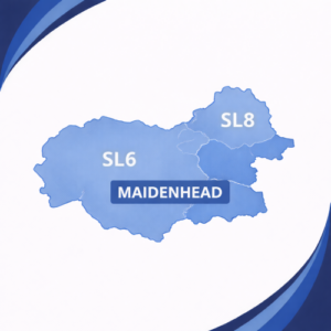 map in blue tones showing Maidenhead with postcode areas SL6 and SL8. The two postcode districts are divided by a white internal boundary and outlined with a darker blue outer edge, each labelled in white text. The word “Maidenhead” appears prominently across the centre of the map. The background features curved layered blue branding elements in the corners, with no surrounding towns or additional geographic detail shown.
