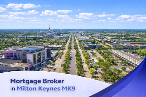 A bright aerial view of Milton Keynes town centre on a sunny summer day, featuring tree-lined boulevards, modern buildings, and green spaces under a blue sky with scattered clouds. A curved white and blue banner at the bottom displays the text “Mortgage Broker in Milton Keynes MK9”.