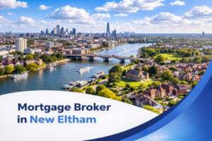 Mortgage broker in New Eltham promotional banner featuring a bright summer aerial view of residential streets, green spaces, and the River Thames with the London skyline in the distance, under realistic scattered clouds, with a curved blue and white graphic overlay at the bottom.