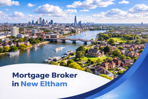 Mortgage broker in New Eltham promotional banner featuring a bright summer aerial view of residential streets, green spaces, and the River Thames with the London skyline in the distance, under realistic scattered clouds, with a curved blue and white graphic overlay at the bottom.