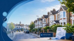 Mortgage Broker in New Eltham hero image featuring local homes, a residential street, property keys and mortgage-related icons.