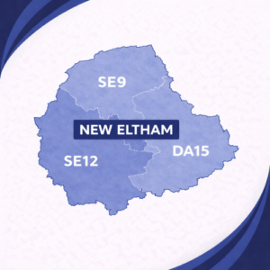 map in layered navy and light blue tones showing New Eltham in London with postcode areas SE9, SE12 and DA15. Each postcode district is separated by white internal boundaries and outlined with a darker navy outer edge, labelled in white text. The words “New Eltham” appear prominently across the centre within a dark blue banner. The background features curved navy and blue branding elements in the corners, with no surrounding areas or additional geographic detail shown.