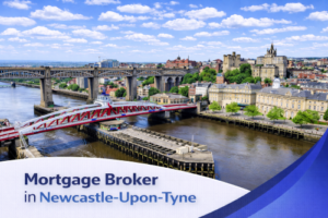 Mortgage broker in Newcastle-Upon-Tyne promotional banner featuring a bright summer aerial view of the River Tyne with iconic bridges and historic riverside buildings under a clear blue sky with realistic scattered clouds, complemented by a modern curved blue and white graphic overlay and bold title tex