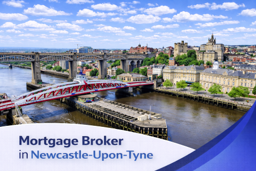 Mortgage broker in Newcastle-Upon-Tyne promotional banner featuring a bright summer aerial view of the River Tyne with iconic bridges and historic riverside buildings under a clear blue sky with realistic scattered clouds, complemented by a modern curved blue and white graphic overlay and bold title tex