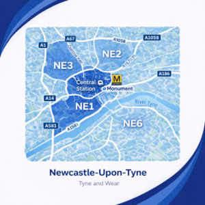 A square, blue-themed postcode map of Newcastle upon Tyne, styled with curved branded borders. The map highlights postcode areas including NE1, NE2, NE3, and NE6. Major roads such as the A1, A167, A1058, and A186 are labelled. Central Station and Monument are marked near the city centre, with the River Tyne running across the lower section. The design uses layered blue tones with white text and clean boundary lines for clarity.