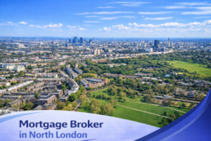 Bright summer aerial view of North London featuring residential streets, large green parkland and the London skyline in the distance under a clear blue sky, with a white and blue curved banner displaying the text “Mortgage Broker in North London”.