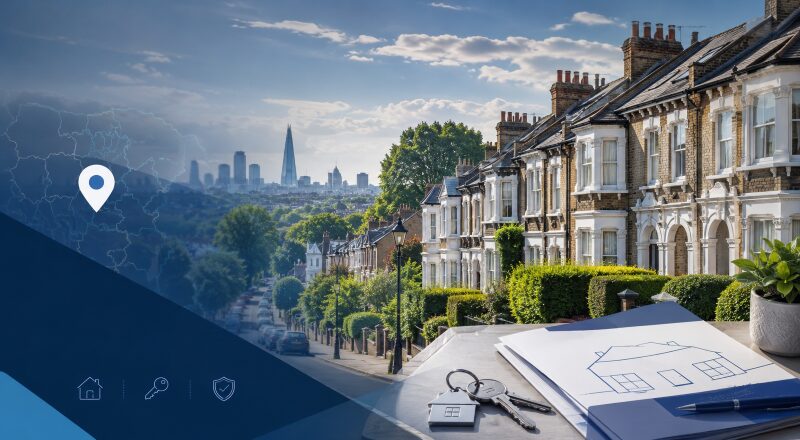 Mortgage Broker in North London hero image featuring Victorian homes, a leafy residential street, location icons and property documents in dark and light blue branding.