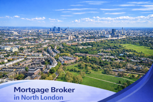 Bright summer aerial view of North London featuring residential streets, large green parkland and the London skyline in the distance under a clear blue sky, with a white and blue curved banner displaying the text “Mortgage Broker in North London”.