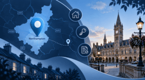 Mortgage Broker in Northampton location map with property icons, local housing and a historic Northampton townscape.
