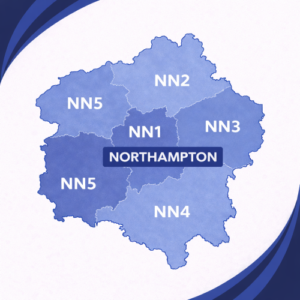 map in layered navy and light blue tones showing Northampton with postcode areas NN1, NN2, NN3, NN4 and NN5. Each postcode district is separated by white internal boundaries and outlined with a darker navy outer edge, labelled in white text. The word “Northampton” appears prominently across the centre within a dark blue banner. The background features curved navy and blue branding elements in the corners, with no surrounding towns or additional geographic detail shown.