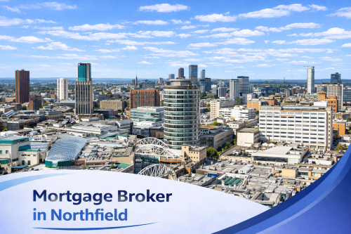 Bright summer aerial view of Northfield featuring town centre buildings, residential areas and surrounding greenery under a clear blue sky, with a white and blue curved banner at the bottom displaying the text “Mortgage Broker in Northfield”.
