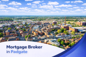 Mortgage broker in Padgate promotional banner featuring a bright summer aerial view of a town centre with red brick buildings, residential streets, and surrounding greenery under a clear blue sky with realistic scattered clouds, complemented by a clean curved blue and white graphic overlay with the title text.