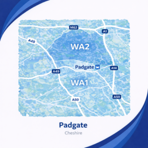 A square, blue-themed postcode map of Padgate in Cheshire, styled with curved branded borders. The map highlights postcode areas WA2 and WA1. Major roads such as the M62, A49, A50, and A57 are labelled. Padgate town centre and station are marked near the middle. The design uses layered blue tones with white text and clean boundary lines for clarity.