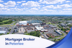 Mortgage broker in Peterlee promotional banner featuring a bright summer aerial view of the town with residential neighbourhoods, commercial buildings, surrounding green spaces, and realistic clouds in a blue sky, with a curved blue and white graphic overlay at the bottom.
