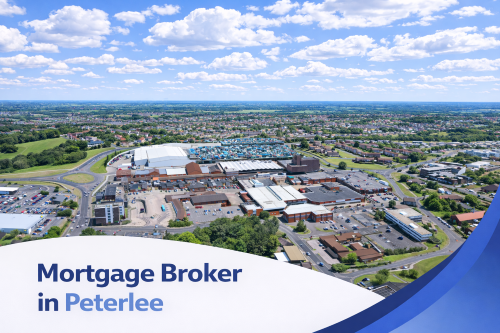 Mortgage broker in Peterlee promotional banner featuring a bright summer aerial view of the town with residential neighbourhoods, commercial buildings, surrounding green spaces, and realistic clouds in a blue sky, with a curved blue and white graphic overlay at the bottom.