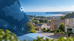 Mortgage Broker in Peterlee location map with residential homes and County Durham coastal landscape.