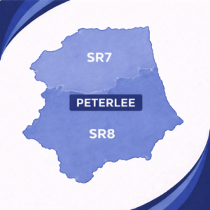 map in blue tones showing Peterlee in County Durham with postcode areas SR7 and SR8. The two postcode districts are separated by a white internal boundary and outlined with a darker blue outer edge, each labelled in white text. The word “Peterlee” appears prominently across the centre of the map. The background features curved layered blue branding elements in the corners, with no surrounding towns or additional geographic detail shown.