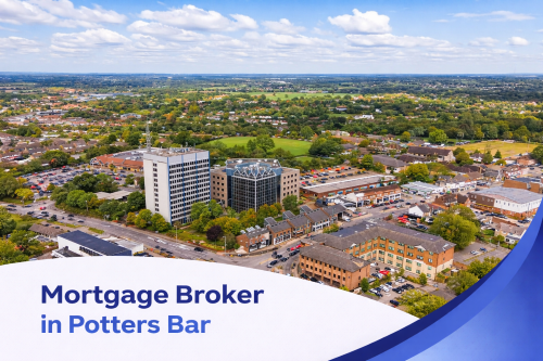 Mortgage broker in Potters Bar promotional banner featuring a bright summer aerial view of suburban streets, local buildings, green spaces, and surrounding countryside under a clear blue sky with realistic scattered clouds, finished with a clean curved blue and white graphic overlay at the bottom.