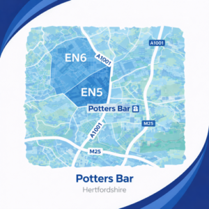 A square, blue-themed postcode map of Potters Bar in Hertfordshire, styled with curved branded borders. The map highlights postcode areas EN6 and EN5. Major roads such as the A1(M), A1000, A1001, and M25 are labelled. Potters Bar town centre and station are marked near the middle. The design uses layered blue tones with white text and clean boundary lines for clarity.