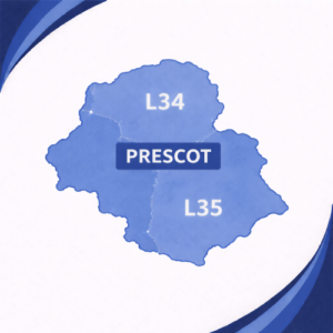 Square 500 by 500 pixel branded map in blue tones showing Prescot in Lancashire with postcode areas L34 and L35. The two postcode districts are separated by a white internal boundary and outlined with a darker blue outer edge, each labelled in white text. The word “Prescot” appears prominently across the centre of the map. The background features curved layered blue branding elements in the corners, with no surrounding towns or additional geographic detail shown.