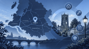 Mortgage Broker in Prescot location map with home, key, document and protection icons.