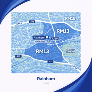 A square, blue-themed postcode map of Rainham in Essex, styled with curved branded borders. The map highlights postcode areas RM13, RM15, and RM18. Major roads such as the A13 and A1306 are labelled. Rainham town centre and Rainham Station are marked near the middle, with the River Thames along the lower edge and Rainham Marshes shown to the east. The design uses layered blue tones with white text and clean boundary lines for clarity.