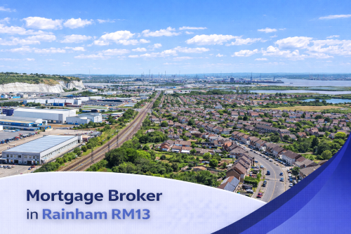 A bright, high-resolution aerial view of Rainham RM13 on a sunny summer day, featuring residential streets, industrial buildings, and waterways under a vivid blue sky with realistic scattered clouds. A clean curved white and blue banner overlays the bottom of the image with the text “Mortgage Broker in Rainham RM13” in a modern professional font.