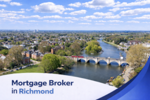 Mortgage broker in Richmond promotional banner featuring a bright summer aerial view of the River Thames, Richmond Bridge, surrounding greenery, and residential homes under a clear blue sky with realistic scattered clouds, finished with a clean curved blue and white graphic overlay at the bottom.