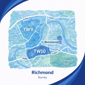 A square, blue-themed postcode map of Richmond in Surrey, styled with curved branded borders. The map highlights postcode areas TW9 and TW10. Major roads such as the A316 and A307 are labelled. The River Thames curves prominently through the centre, with Richmond town centre marked nearby. Richmond Park appears in green to the southeast. The design uses layered blue tones with white text and clean boundary lines for clarity.