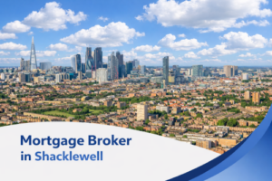 Mortgage broker in Shacklewell promotional banner featuring a bright summer aerial view of the London skyline with realistic clouds and a curved blue and white design overlay. Mortgage Broker in Shacklewell