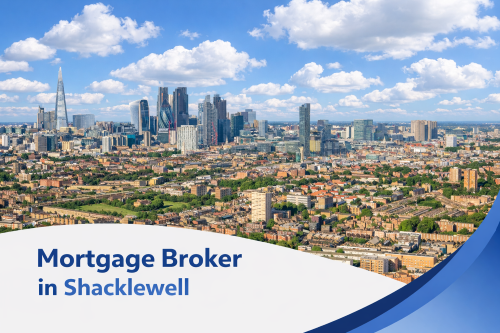Mortgage broker in Shacklewell promotional banner featuring a bright summer aerial view of the London skyline with realistic clouds and a curved blue and white design overlay. Mortgage Broker in Shacklewell