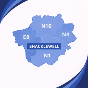 map in blue tones showing Shacklewell in London with postcode areas E8, N16, N1 and N4. Each postcode district is separated by white internal boundaries and outlined with a darker blue outer edge, labelled in white text. The word “Shacklewell” appears prominently across the centre of the map. The background features curved layered blue branding elements in the corners, with no surrounding towns or additional geographic detail shown.