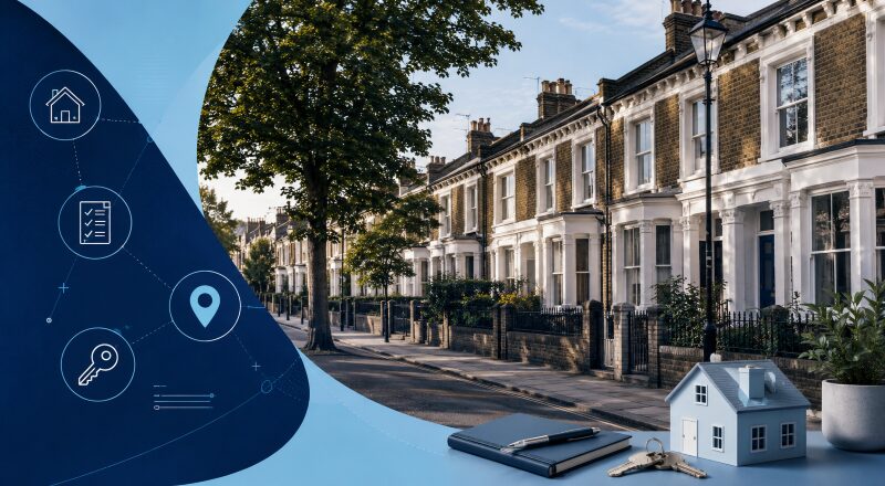 Mortgage Broker in Shacklewell hero image featuring a tree-lined residential street, Victorian terraced homes, property keys, a house model and mortgage-related icons.