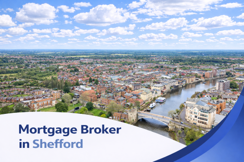Mortgage broker in Shefford promotional banner featuring a bright summer aerial view of the town with riverside buildings, residential streets, surrounding countryside, and realistic clouds in a blue sky, with a curved blue and white graphic overlay at the bottom.