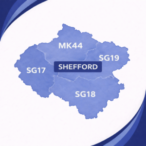 map in blue tones showing Shefford in Bedfordshire with postcode areas SG17, SG18, SG19 and MK44. Each postcode district is separated by white internal boundaries and outlined with a darker blue outer edge, labelled in white text. The word “Shefford” appears prominently across the centre of the map. The background features curved layered blue branding elements in the corners, with no surrounding towns or additional geographic detail shown.
