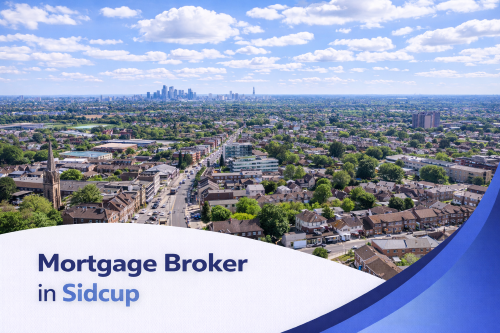 Mortgage broker in Sidcup promotional banner featuring a bright summer aerial view of suburban homes, tree-lined streets, and the distant London skyline under a clear blue sky with realistic scattered clouds, complemented by a modern curved blue and white graphic overlay at the bottom.