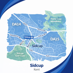 A square, blue-themed postcode map of Sidcup in Kent, styled with curved branded borders. The map highlights postcode areas DA14 and DA15. Major roads such as the A20, A222, Sidcup Road, and Penhill Road are labelled. Sidcup station is marked near the centre, with Foots Cray Meadows shown in green to the northeast and Sidcup Golf Club in green to the southwest. The design uses layered blue tones with white text and clean boundary lines for clarity.