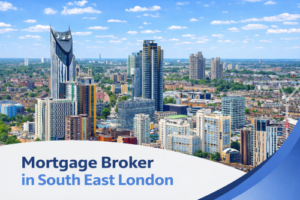 A bright summer aerial view of South East London featuring modern skyscrapers, residential buildings and green spaces under a blue sky with scattered clouds. A curved white and blue banner at the bottom displays the text “Mortgage Broker in South East London”.