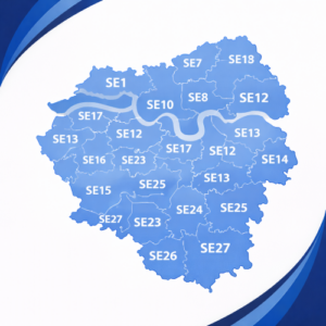 map in blue tones showing South East London postcode districts only. Areas are divided with white internal borders and darker blue outer edges, each labelled in white text with postcode codes including SE1, SE7, SE8, SE9, SE10, SE12, SE13, SE14, SE15, SE16, SE17, SE18, SE23, SE24, SE25, SE26 and SE27. The map is presented on a light background with curved layered blue branding elements in the corners, with no surrounding boroughs or additional geographic detail shown.